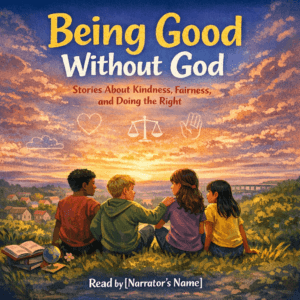 Four children sit on a hill at sunset under the words Being Good Without God, with kindness and fairness icons above a small town below at dusk.