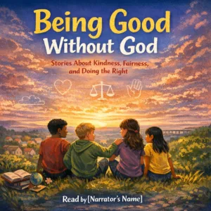 Four children sit on a hill at sunset under the words Being Good Without God, with kindness and fairness icons above a small town below at dusk.