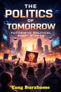 Zen Life Publications -Book Catalog Crowds protest beneath a glowing futuristic skyline as the title The Politics of Tomorrow appears above and Yang Burzhome is shown below.