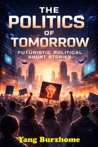 Crowds protest beneath a glowing futuristic skyline as the title The Politics of Tomorrow appears above and Yang Burzhome is shown below.