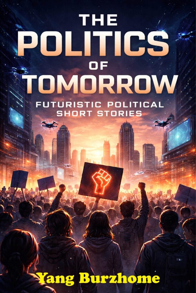 Crowds protest beneath a glowing futuristic skyline as the title The Politics of Tomorrow appears above and Yang Burzhome is shown below.